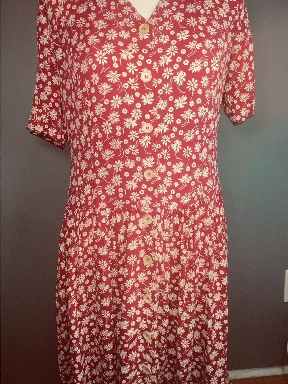 Diana Wood Burgundy Floral Button-Front Maxi Dress with V-Neck 00034